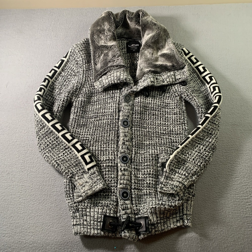 LCR Mens Sweater Medium Black Edition Black-Smoke Jacket Button/Toggle Faux Fur